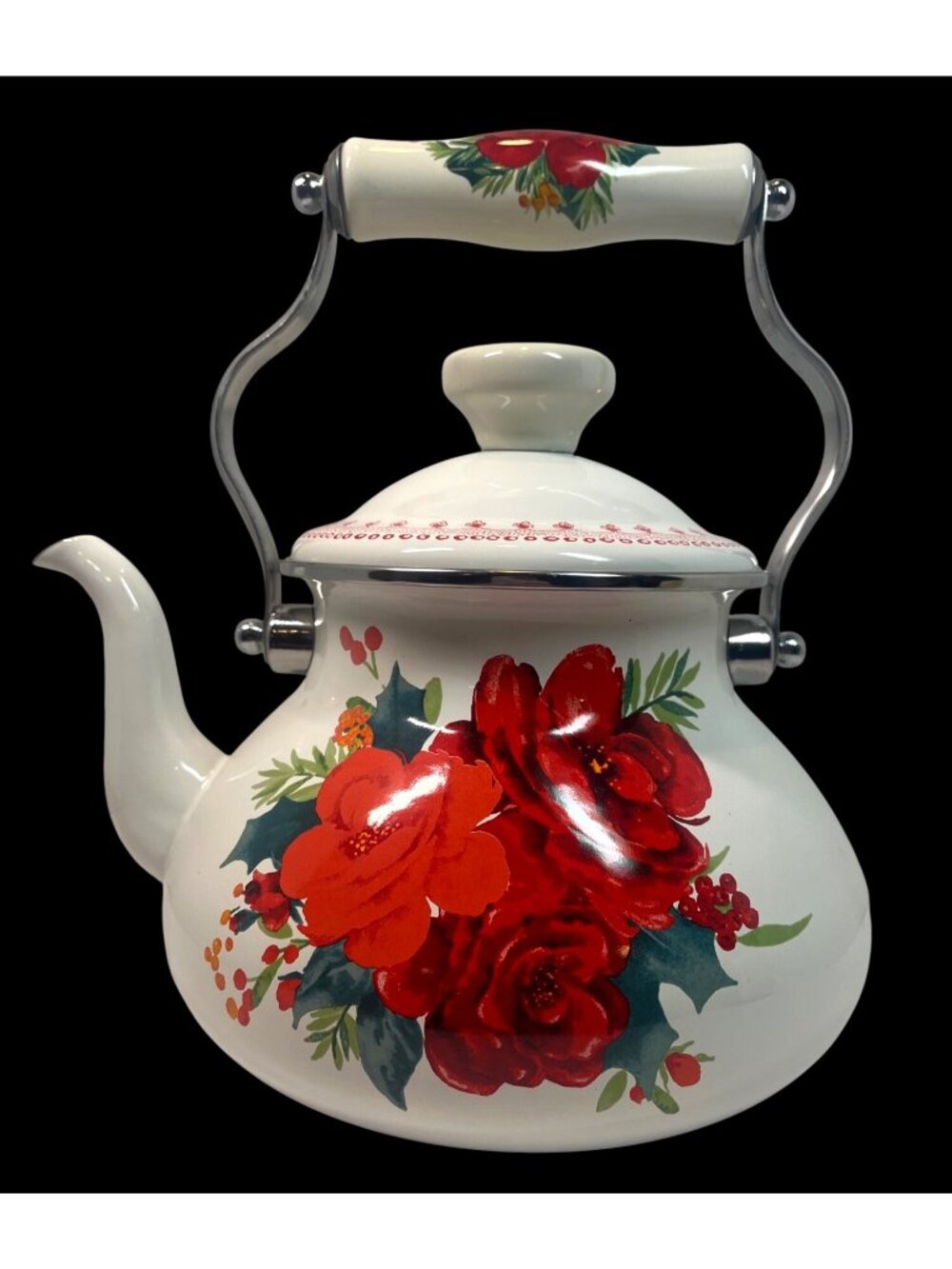 Vintage-Inspired Floral Enamel Tea Kettle With Handle & Lid Red & White 2L Capac